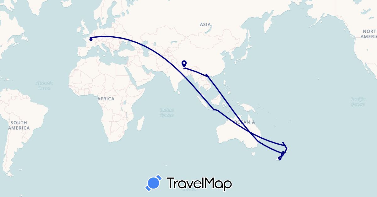 TravelMap itinerary: driving in Australia, France, Indonesia, Nepal, New Zealand, Vietnam (Asia, Europe, Oceania)